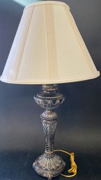 Ornate Table Lamp With Wooden Based Carved Details (31in Tall)