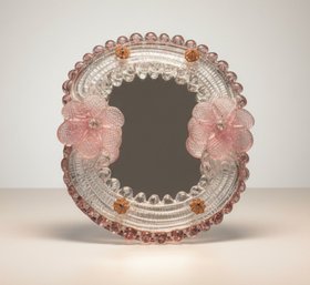 Mid-Century Murano-style Venetian Glass Vanity Mirror With Pink And Gold Floral Accents