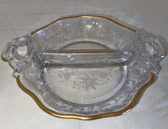 Cambridge Blown Glass Wildflower Two-Part Relish Dish / Gold Trim - 6.5'