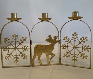 Reindeer Snowflake Metal 3 Section Folding Gold Flakes Tapered Candle Holder - 9.5'H