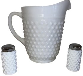 Large Vintage Anchor Hocking Hobnail White Milk Glass Pitcher And Salt & Pepper Shakers, Pitcher Is 8in Tall