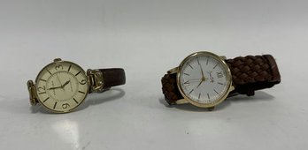 Anne Klein And Jessica Carlyle Gold Tone Wristwatch, Leather Strap
