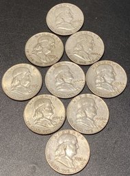Collection Of Franklin Half Dollars, Silver Coins Minted In The United States 1950's-1960's