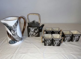 Creative Co-op Tea Set, Teapot, Pitcher, And Six Teacups.