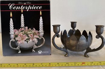 Silver Plate Centerpiece Candle Holder With Pierced Flower Holder