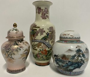 (3) Japanese Porcelain Vases And Jar - 9.5'Tallest