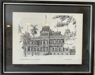 Framed Artwork 'the Iolani Palace 1882 Honolulu, Hawaii' Drawing Signed Artist By GE Geivett- 14.5Lx12W