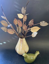 Ceramic Vase With Autumn Leaves And Small Green Ceramic Bird Figurine - Vase Is 9.5'H