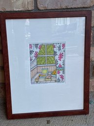 Framed Interior Scene Artwork: 1-Piece, Colorful Drawing, Leaf Motif Curtains, Wooden Frame, Size: 15x12'