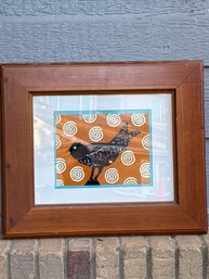 Framed Folk Art Bird Print: 1-Piece, Orange Spiral Background Signed By Sherwood, Size: 19.5x16.5