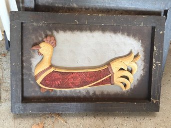 Decorative Framed Wooden Rooster Plaque With Red Patterns