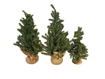 Three Artificial Christmas Trees With Burlap-Wrapped Bases
