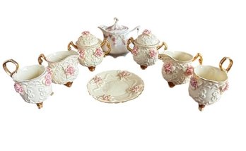Porcelain Tea Service Set With Applied Rose Decoration