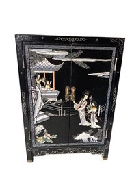 Black Lacquered Cabinet With Mother-of-pearl Asian Inlay