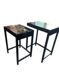 Pair Of Black Lacquered Nesting Tables With Floral Inlay