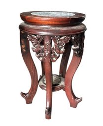Carved Wood Round Plant Stand With Marble Top