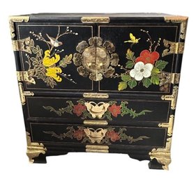 Black Lacquer Jewelry Chest With Hand-painted Floral Design