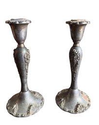 Pair Of Godinger Silver-Plated Candlesticks With Ornate Floral Relief
