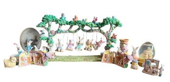 Vintage Easter Figurine Collection With Rabbit Swing Centerpiece