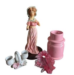 Vintage Ceramic Figurine With Pink Glass And Porcelain Accessories