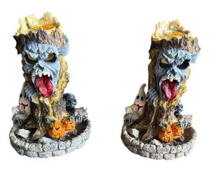 Pair Of Resin Halloween Candle Holders, Tree Stump Form With Skull Motif
