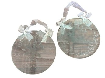 Pair Of Etched Glass Holiday Ornaments With Ribbon Hangers