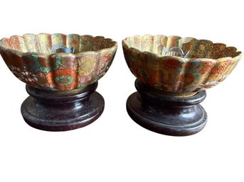 Pair Of Vintage Cloisonné Bowls On Wooden Stands