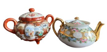 Pair Of Antique Hand-painted Porcelain Teapots With Gilt