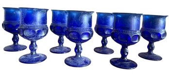 Seven Cobalt Blue Pressed Glass Goblets Thumbprint Pattern