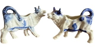 Pair Of Blue And White Ceramic Cow Creamers