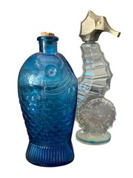 Vintage Avon Sea Horse Bath Oil Decanter And Blue Fish Bottle