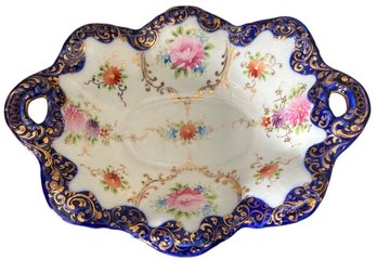 Cobalt Blue Porcelain Footed Serving Dish With Floral Decoration