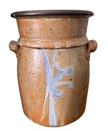 Stoneware Crock With Blue Decorative Leaf Motif