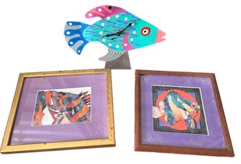 Colorful Fish Wall Clock And Framed Artwork Collection