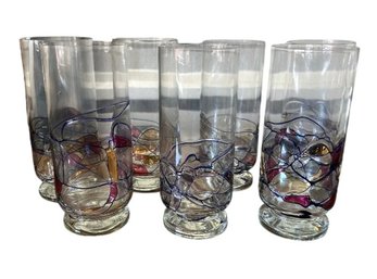 Set Of  Highball Glasses With Applied Multicolor Abstract Design