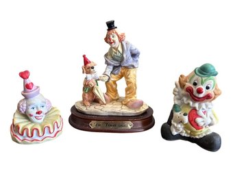 Vintage Clown Figurine Collection With Wooden Base Display