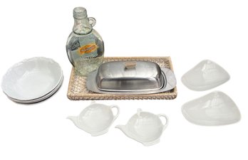 White Ceramic Tableware Set With Butter Dish And Syrup Bottle