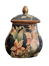 Black Lacquered Wooden Potpourri Container With Tropical Orchid Motifs