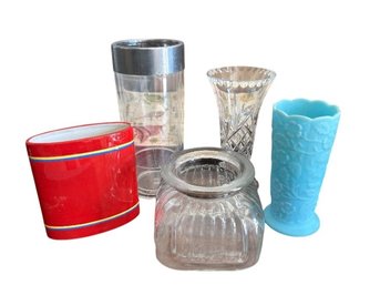 Mixed Lot: Glass Cocktail Shaker, Cut Crystal Vase, Pressed Glass Bowl, Turquoise Milk Glass Vase, And Metal Tin