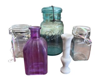 Group Of Five Vintage Glass Vessels And Jars