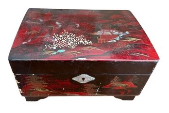 Asian Lacquered Wood Jewelry Box With Pagoda And Cherry Blossom Motif