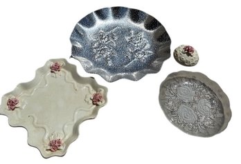 Four Decorative Ceramic And Glass Serving Plates With Roses