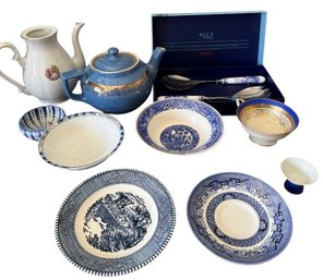 Collection Of Blue And White Transferware Tableware With Teapot And Serving Pieces