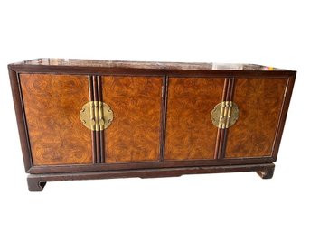 Asian-Style Burl Wood Credenza With Brass Hardware