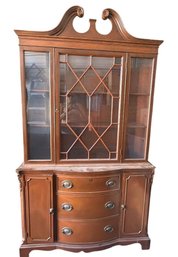 Wood China Cabinet With Glass Doors And Carved Pediment