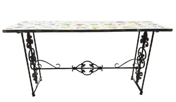 Hand-Painted Ceramic Tile Top Console Table With Wrought Iron Base