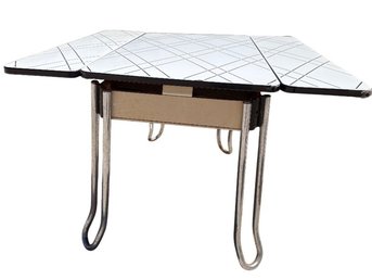 Mid-Century Chrome Leg Drop-Leaf Kitchen Table With Geometric Tile Top
