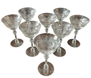 Set Of Crystal Champagne Coupes With Floral Etching