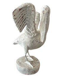 Carved Wood Stork Figurine With Distressed White Painted Finish