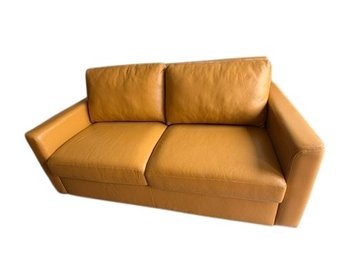 Modern Tan Leather Two-Seat Sleeper Sofa With Low Square Arms
